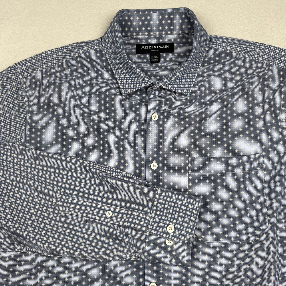 Mizzen+Main Leeward Shirt Mens Large Blue Geometric Trim Fit Stretch Performance